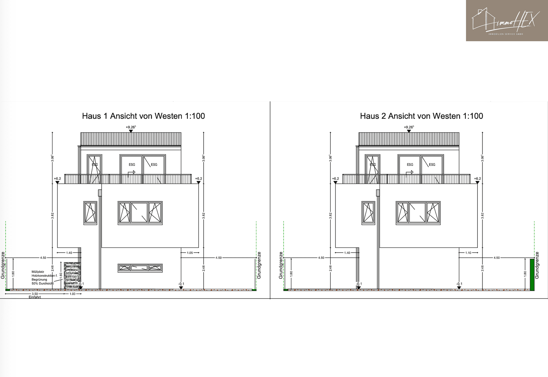 Architektonische Ansicht von Westen für zwei Häuser mit Balkonen und klaren Linien.