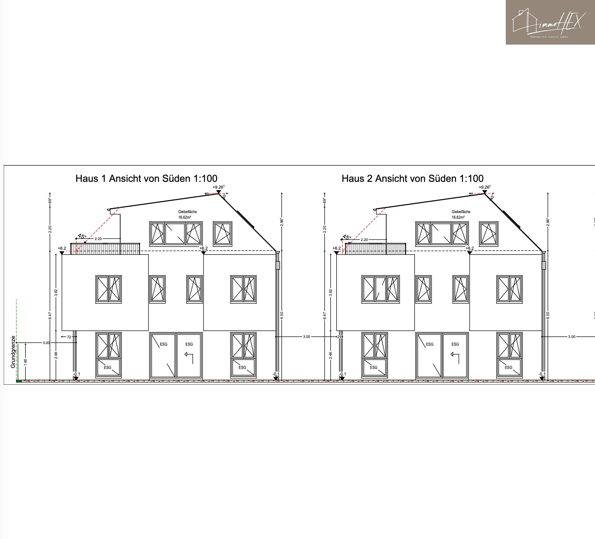 Ansicht von Süden für zwei geplante Häuser mit großen Fenstern und Terrassenzugang.