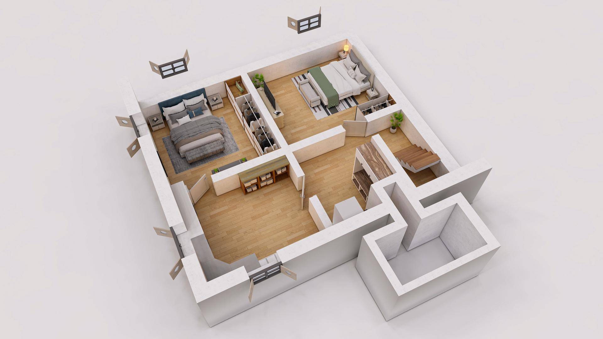 Perspektivischer 3D-Grundriss mit zwei Schlafbereichen, großen Fenstern und Treppe.