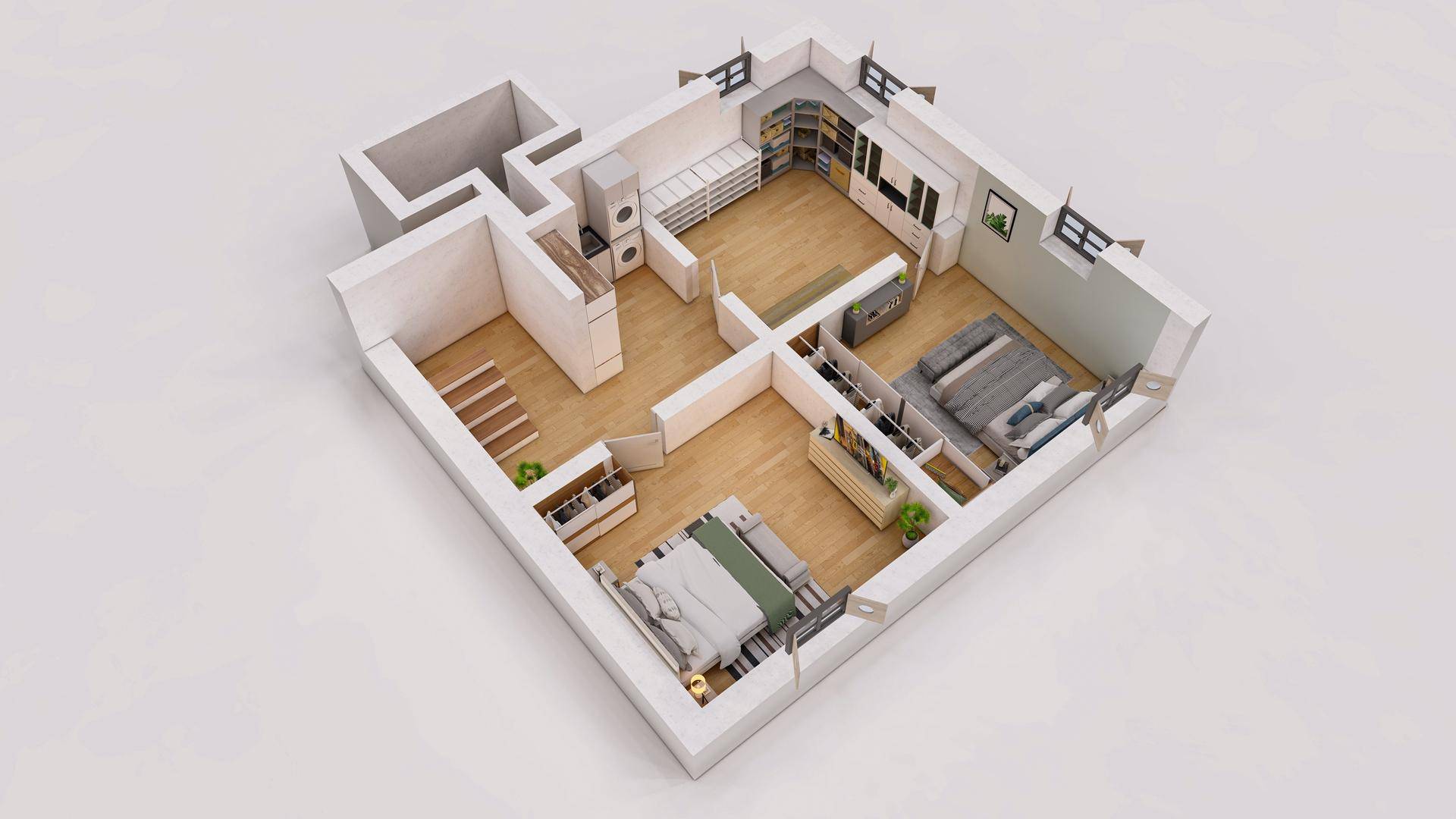Detaillierter 3D-Grundriss mit zwei Schlafzimmern, Stauraum und Treppenaufgang.