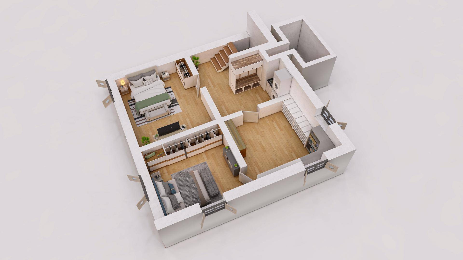 Ansicht des 3D-Grundrisses mit Schlafzimmern, integrierten Schränken und Holzfußboden.