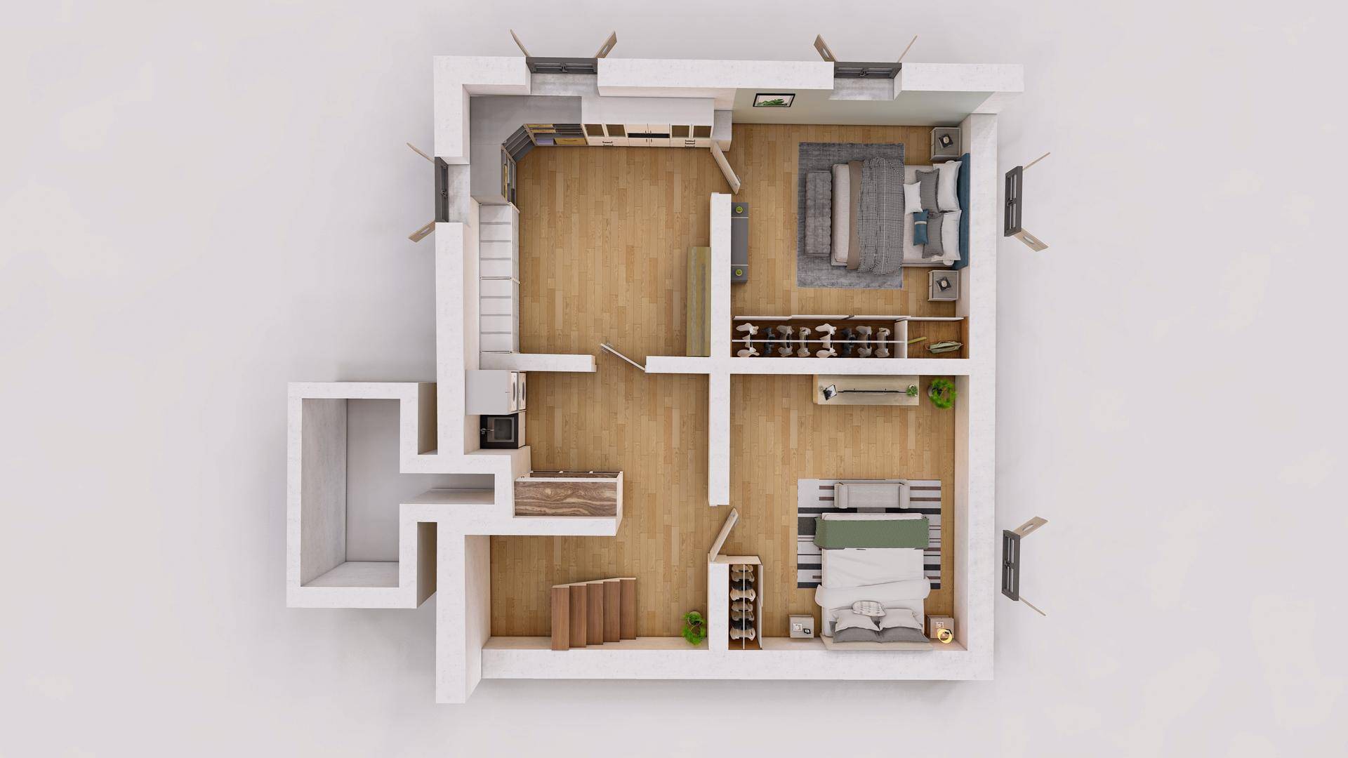 Übersicht des 3D-Grundrisses mit Schlafzimmern, Stauraum und hellem Holzfußboden.