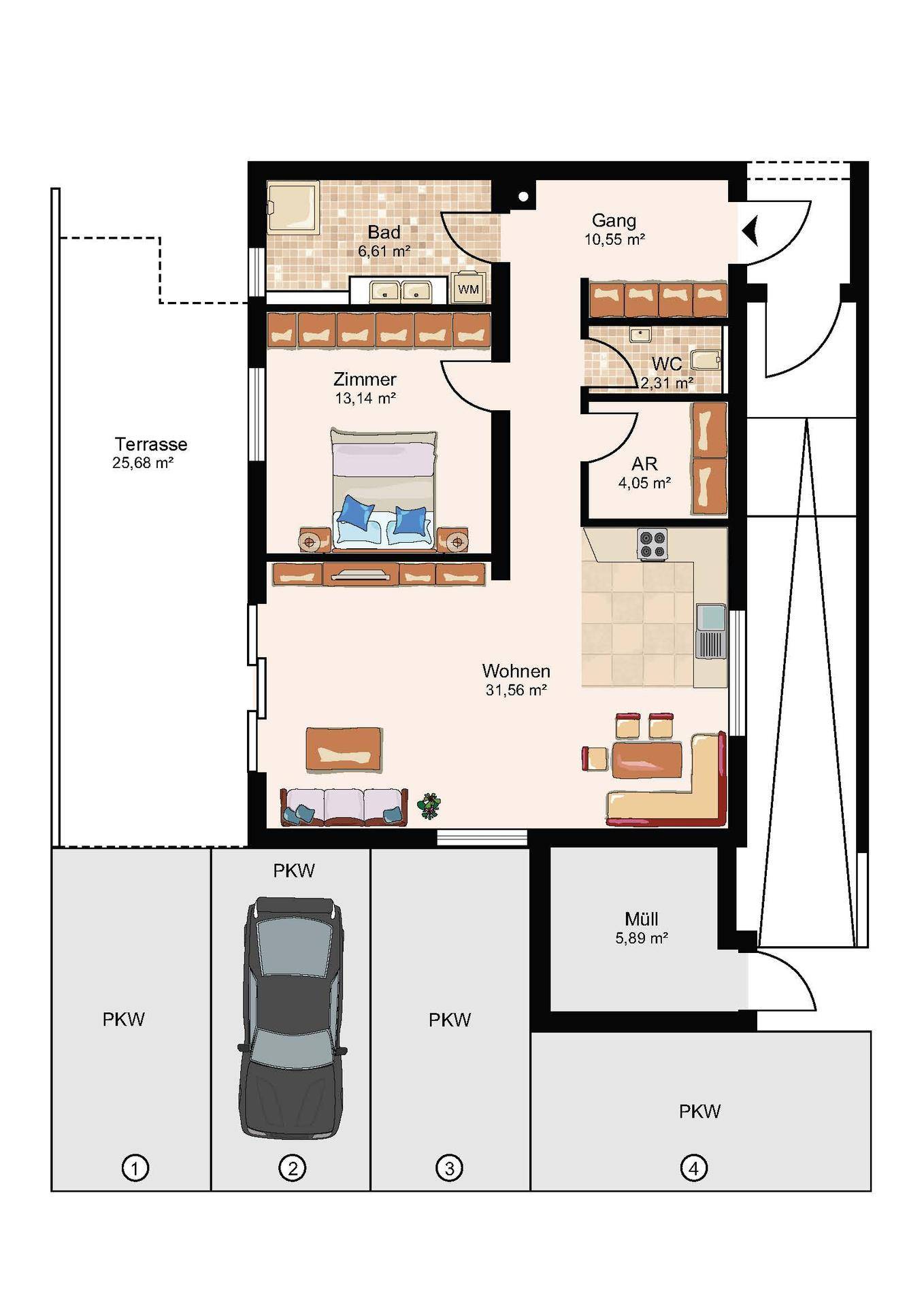 Grundriss einer Wohnung mit Terrasse, Schlafzimmer, Bad, Wohnbereich und Parkplätzen.