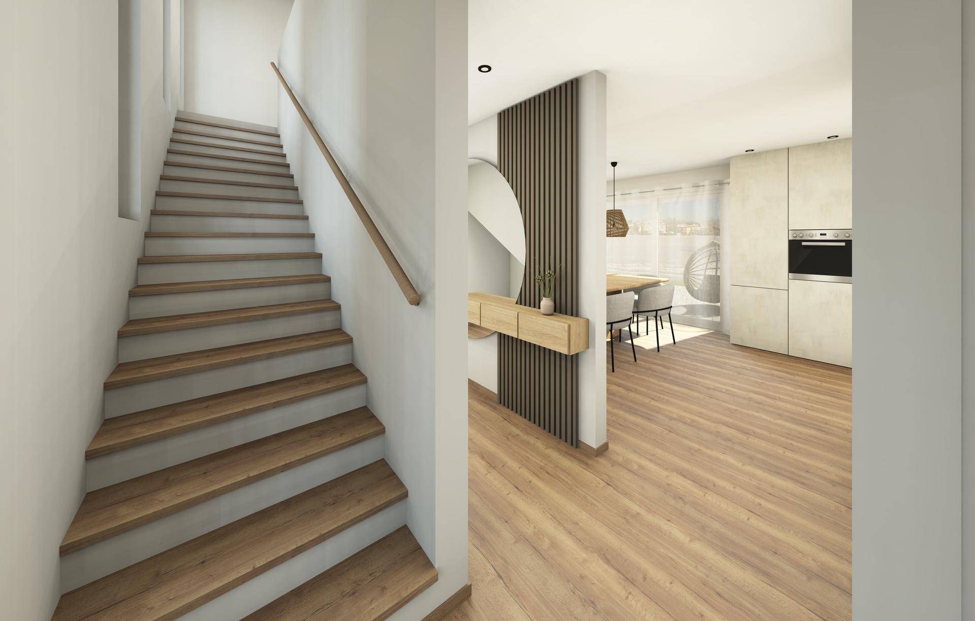 Heller Eingangsbereich mit moderner Holztreppe und stilvoller Wandgestaltung, offen zum Wohnbereich.
