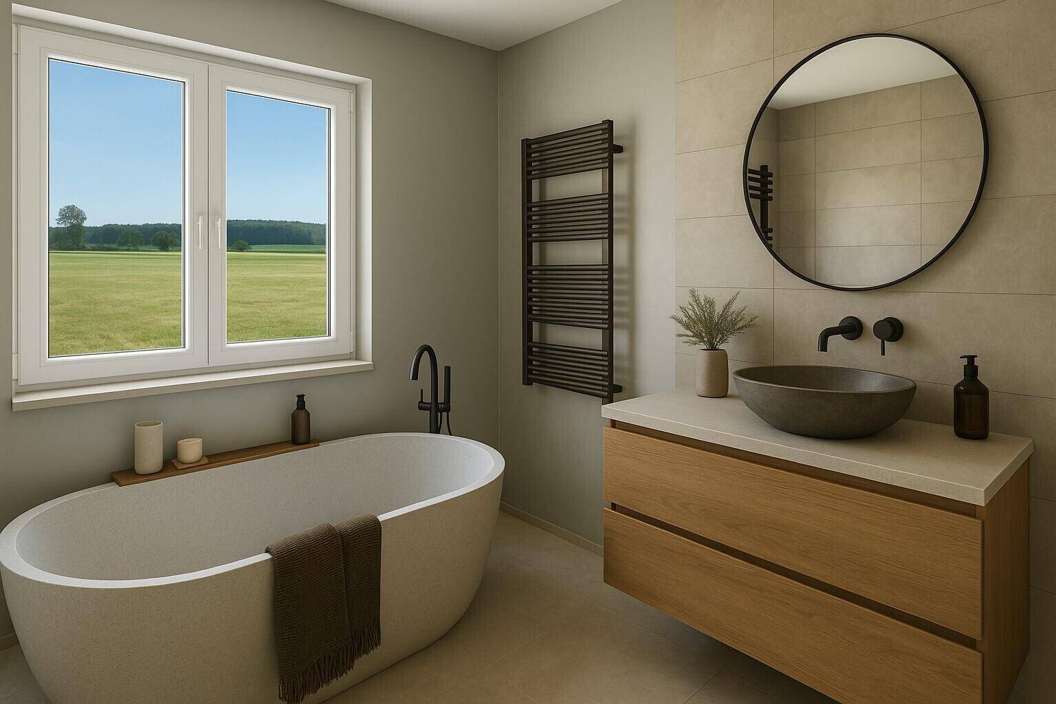 Modernes Badezimmer mit freistehender Badewanne, Waschtisch und weitem Blick ins Grüne durch das Fenster.
