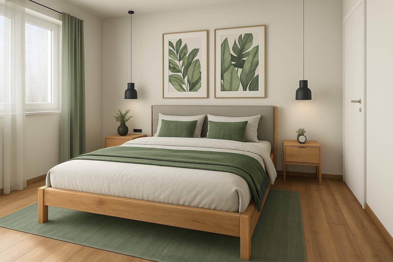Gemütliches Schlafzimmer mit Holzbett, grünen Akzenten und natürlichem Lichteinfall durch das Fenster.