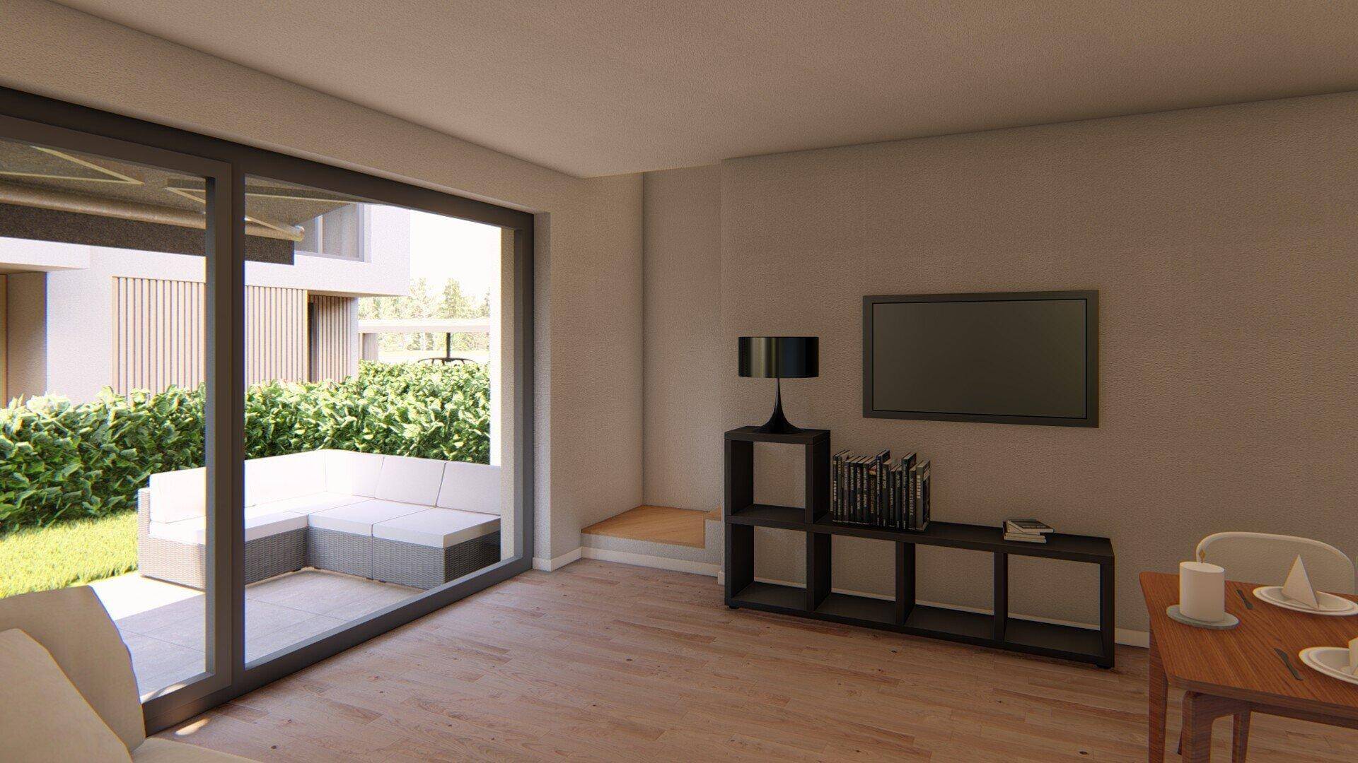 Helles Wohnzimmer mit Holzboden und großer Schiebetür zur möblierten Terrasse.