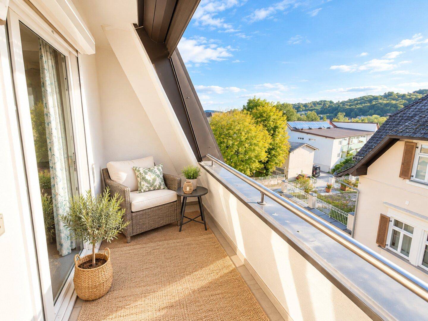 Gemütlicher Balkon mit Sitzgelegenheiten, Pflanzen und Blick auf die umliegende Landschaft.