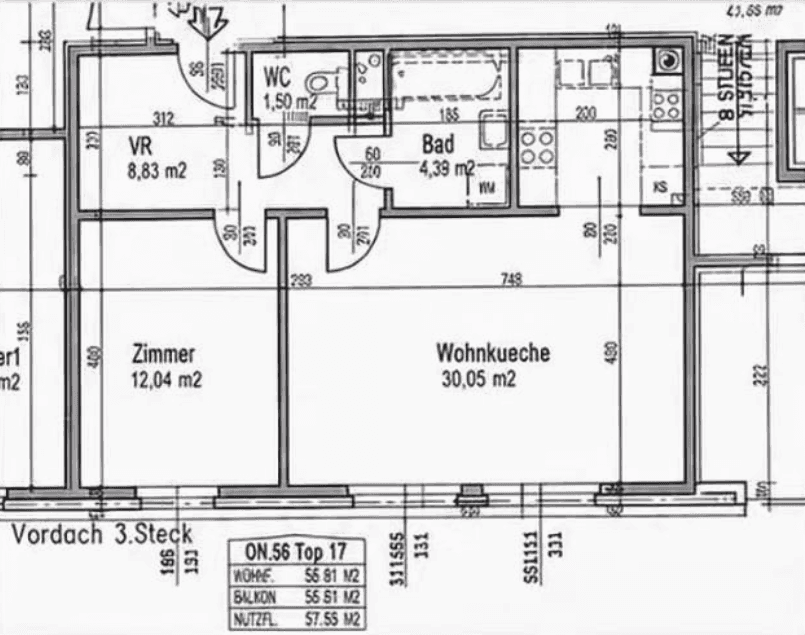 Grundriss einer Wohnung mit Zimmer, Wohnküche, Bad und WC.