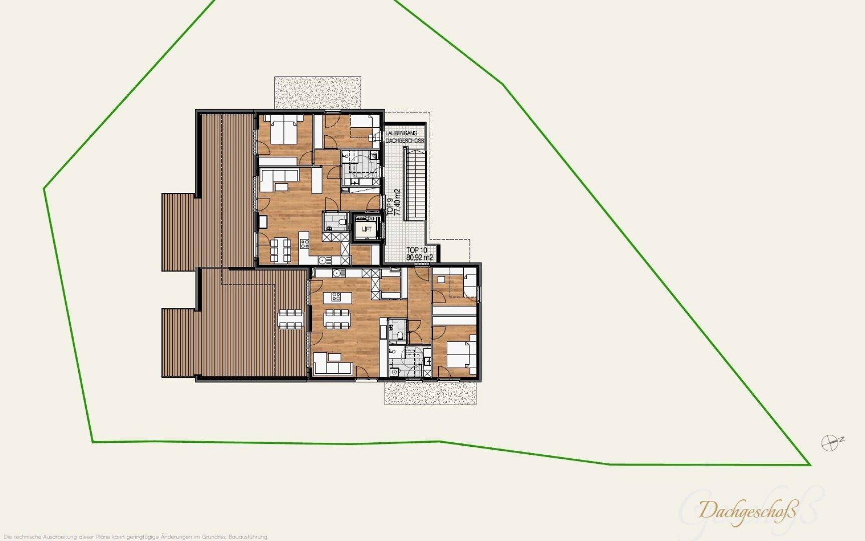 Grundriss des Dachgeschosses mit zwei Wohnungen, Terrassen und Balkonen.