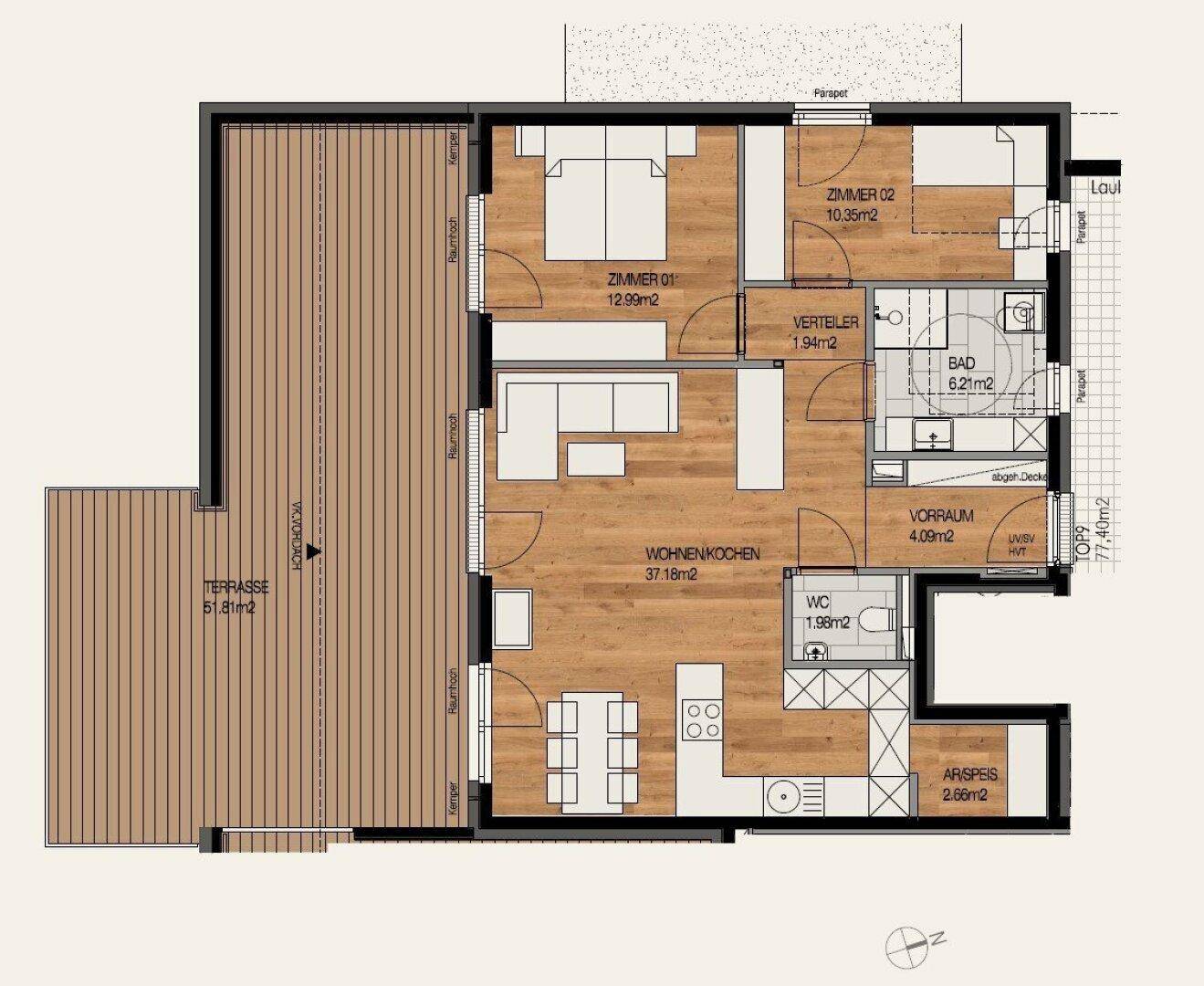 Detaillierter Grundriss einer Wohnung mit großem Wohn-Kochbereich, Speisekammer und weitläufiger Terrasse.