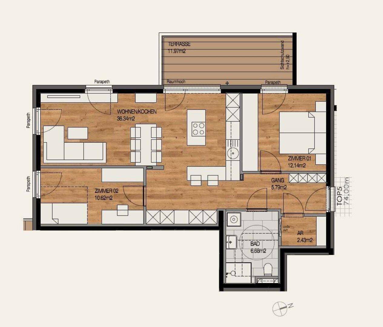 Detaillierter Grundriss einer Wohnung mit offener Wohnküche, zwei Schlafzimmern und großer Terrasse.