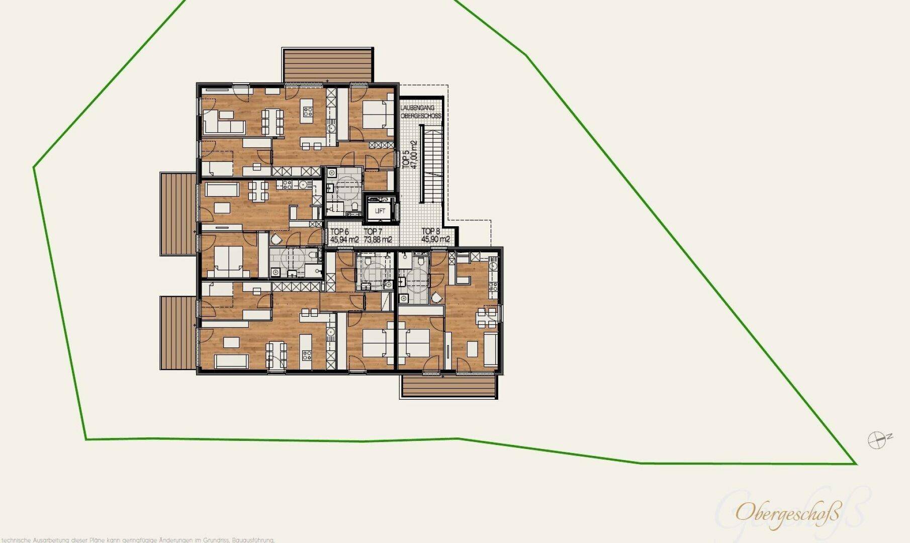 Grundriss des Obergeschosses mit mehreren Wohneinheiten, Balkonen und zentralem Treppenhaus mit Lift.