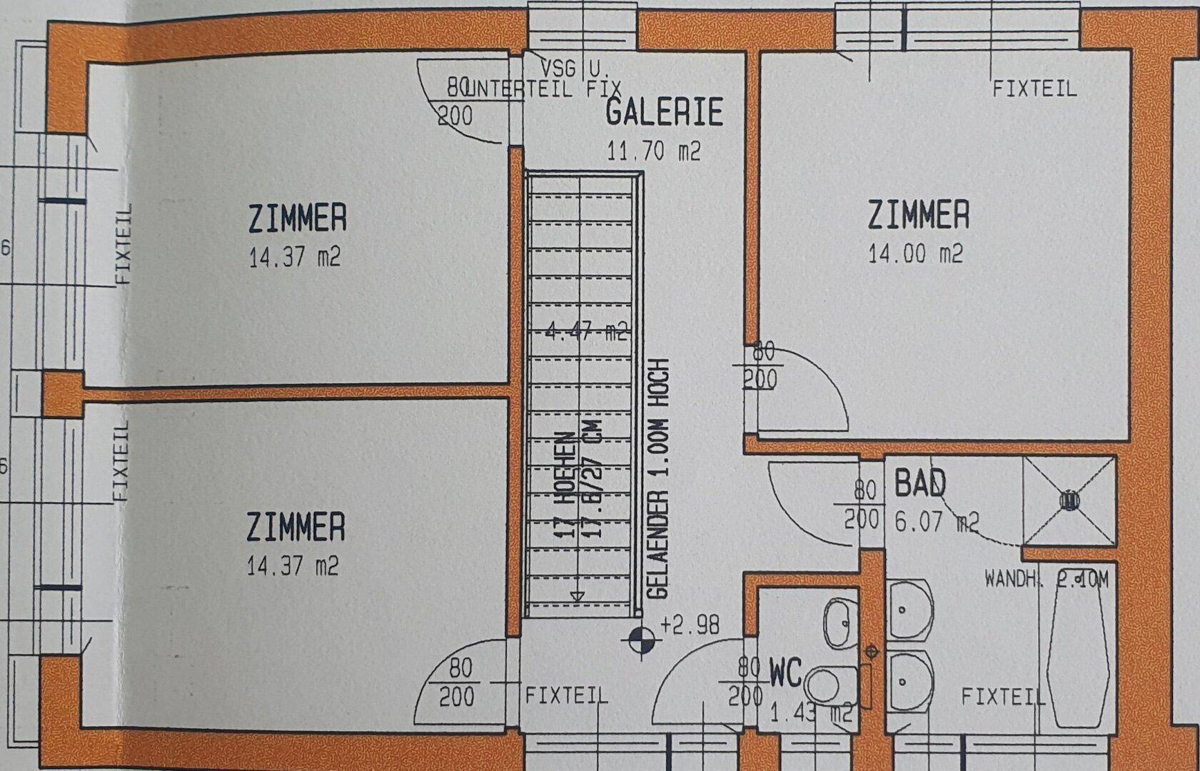 Detaillierter Grundriss des Obergeschosses mit Schlafzimmern, Bad und separatem WC.