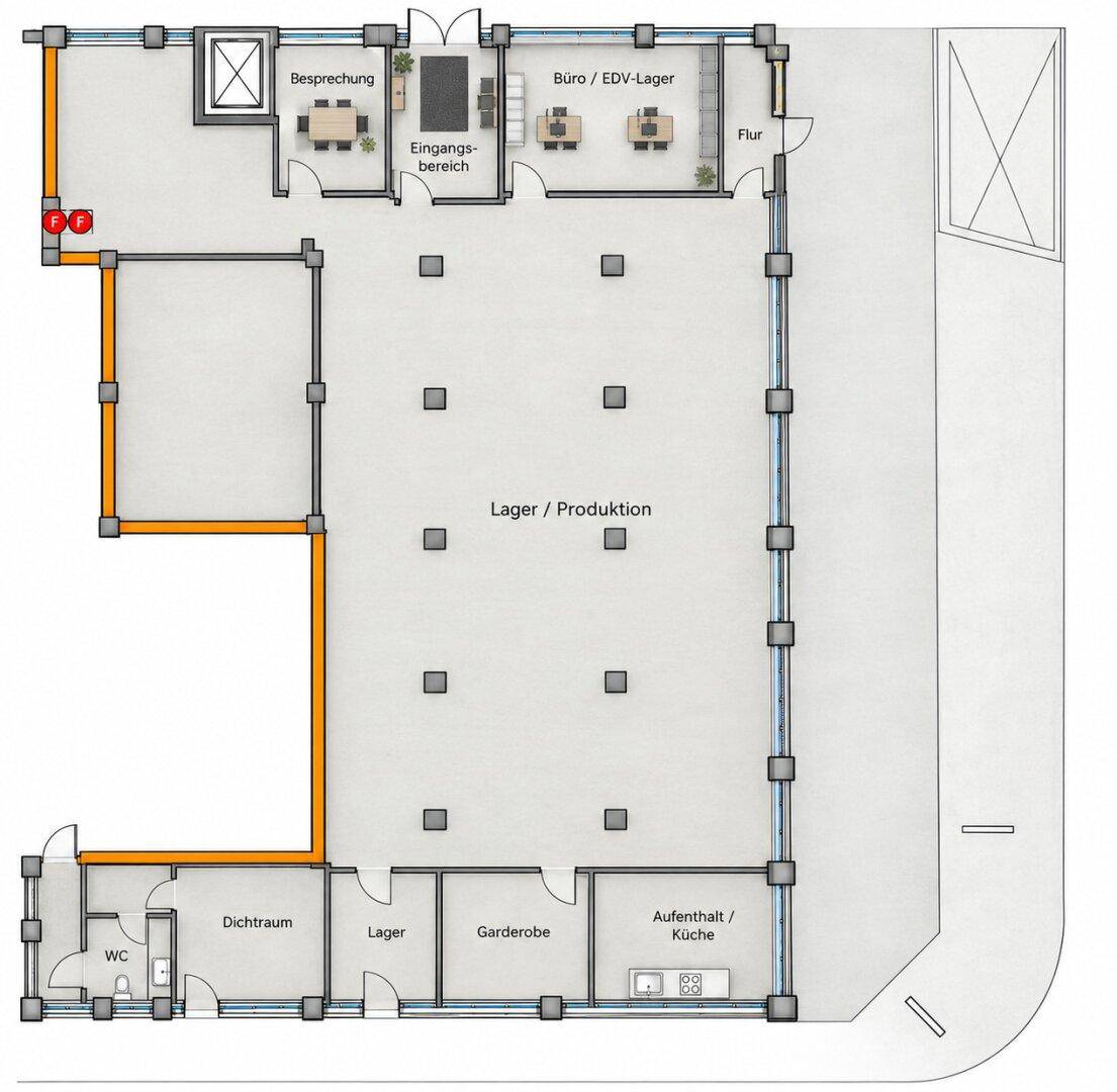 Übersichtlicher Grundriss mit Lager-, Produktions-, Büro- und Besprechungsbereichen sowie Küche und WC.