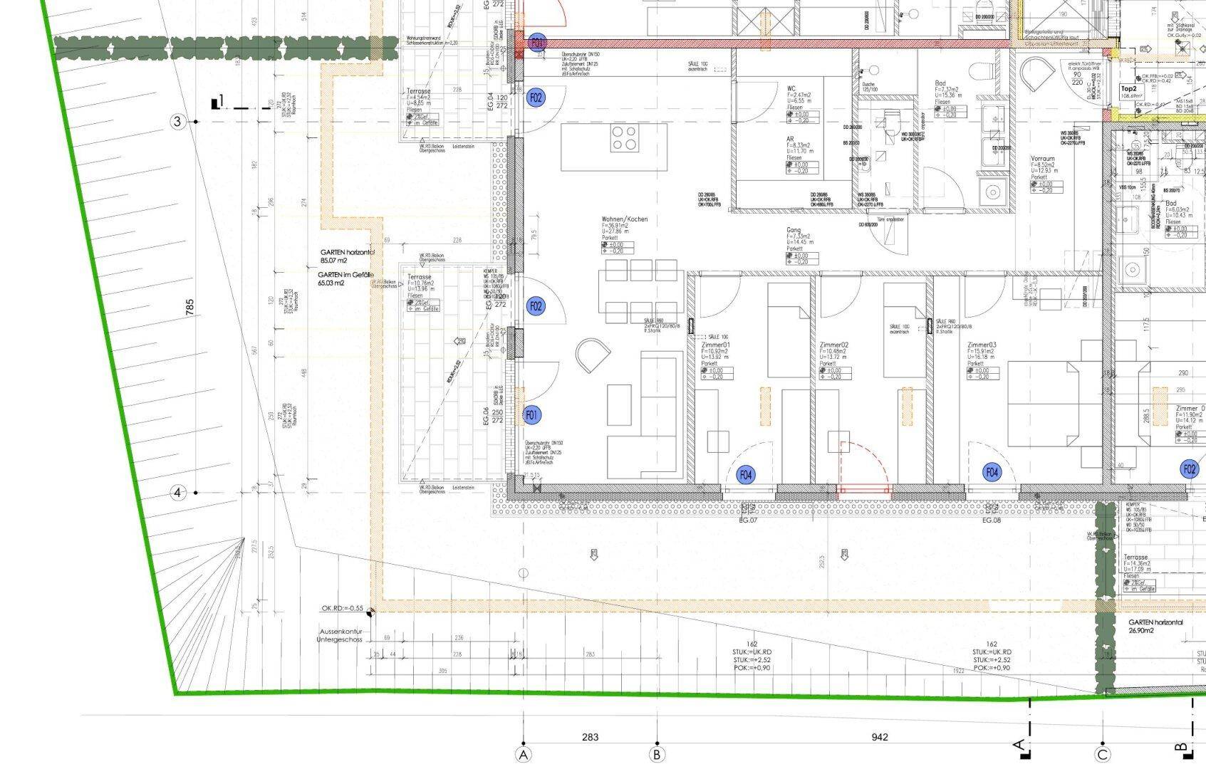 Ausschnitt eines Grundrisses mit detaillierter Raumaufteilung für eine Wohnung und Terrasse.