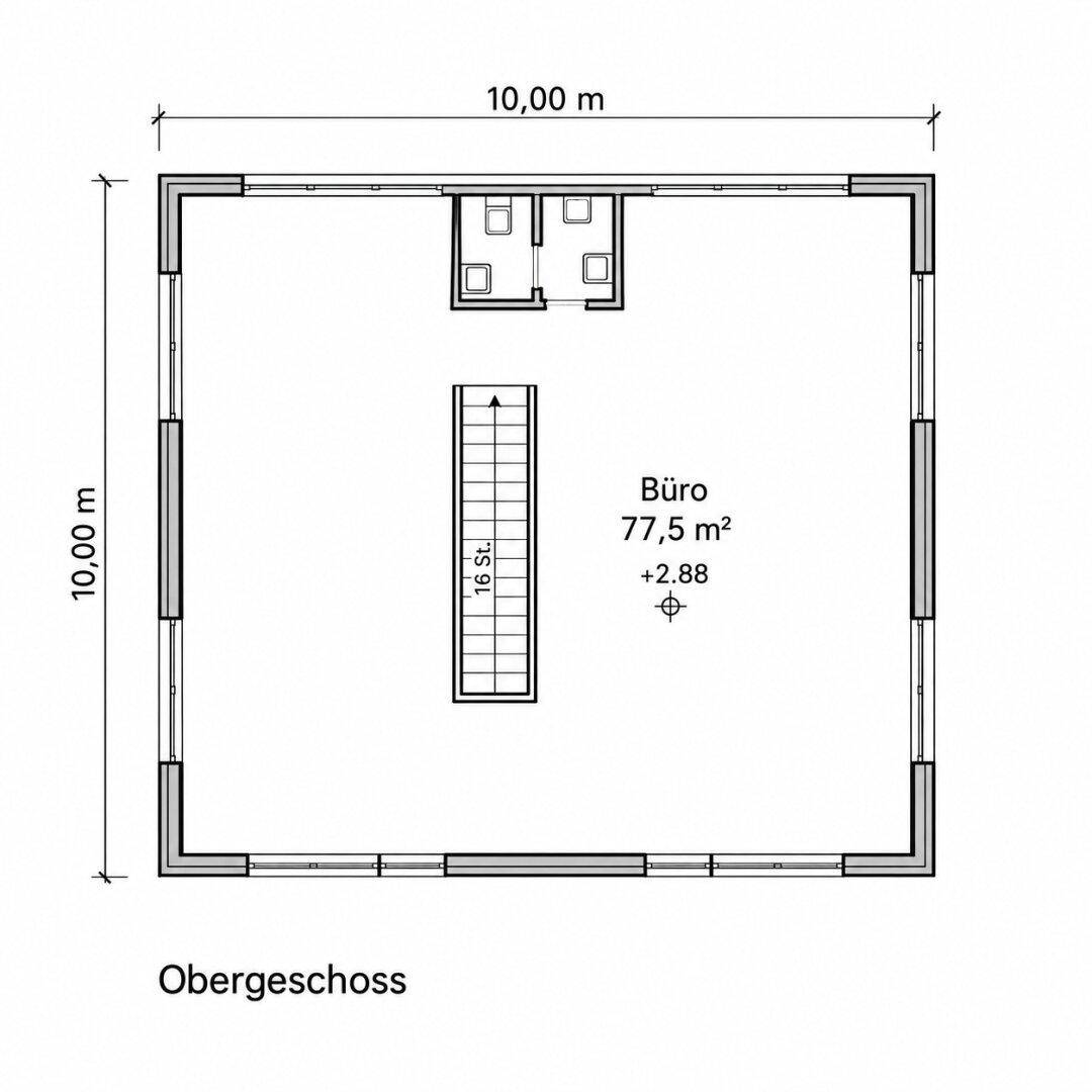 Grundriss eines Obergeschosses mit einem großen offenen Bürobereich und Treppenhaus, inklusive Maßen.
