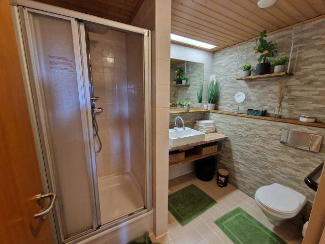 Modernes Badezimmer mit Duschkabine, Waschbecken und WC, ergänzt durch Holzdetails und Steinoptik.
