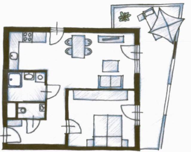 Handgezeichneter Grundriss einer Wohnung mit Terrasse und offenem Wohnbereich.