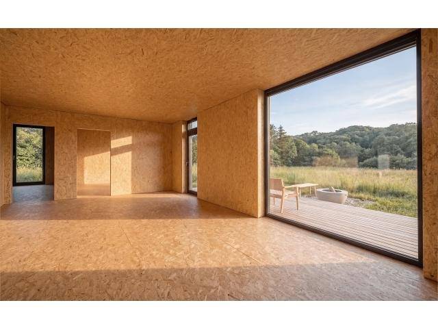 Unfertiger Raum mit OSB-Wänden und großen Fenstern, die einen weiten Blick auf die Natur bieten.