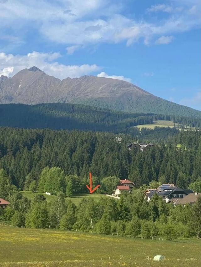 Panoramablick auf eine bewaldete Berglandschaft mit verstreuten Häusern und einem markanten Gipfel im Hintergrund.