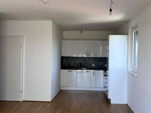 Heller Raum mit integrierter, moderner Küchenzeile und Holzfußboden.