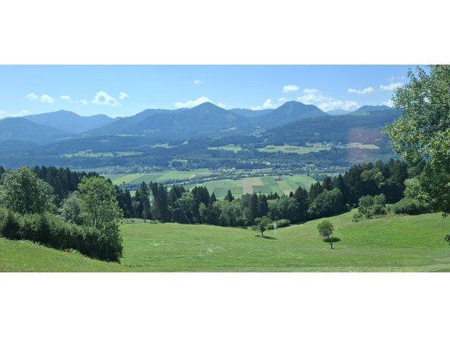 Panoramablick über eine weite grüne Landschaft mit Bergen im Hintergrund unter blauem Himmel.