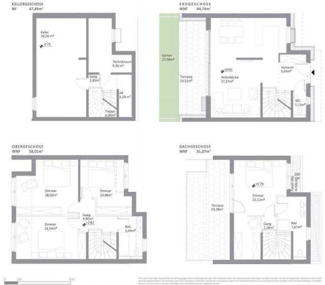 Übersichtlicher Grundrissplan mit Keller-, Erd-, Ober- und Dachgeschossaufteilung.