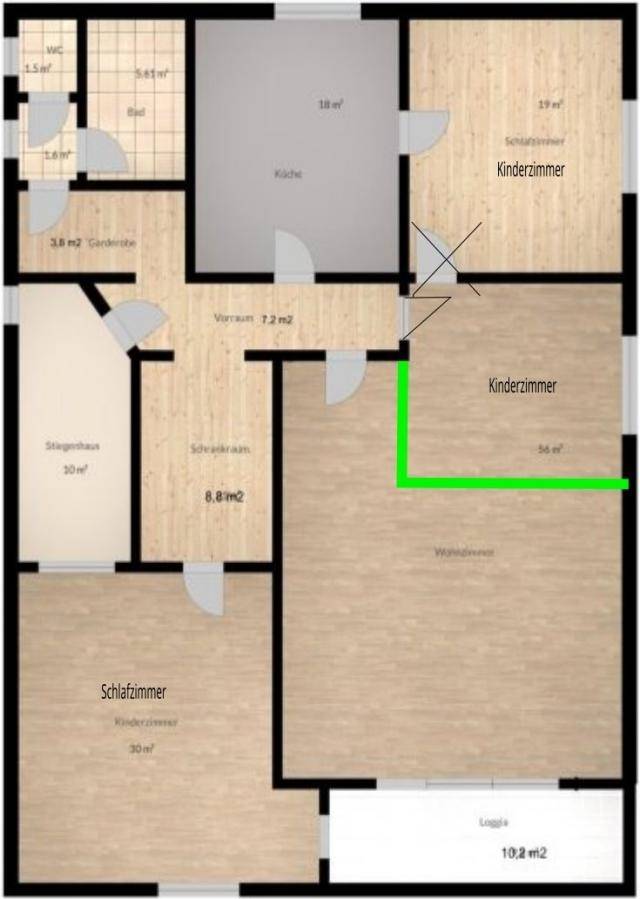 Grundriss einer Wohnung mit mehreren Zimmern, Bad, WC und einer Loggia.