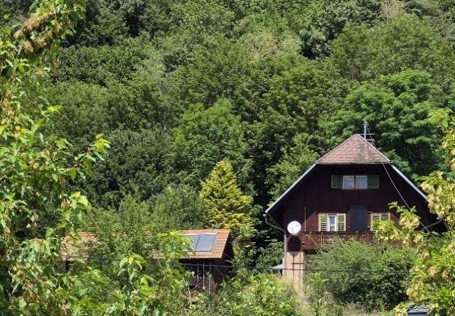 Traditionelles Haus mit Satteldach und Balkon, eingebettet in eine grüne Waldlandschaft.