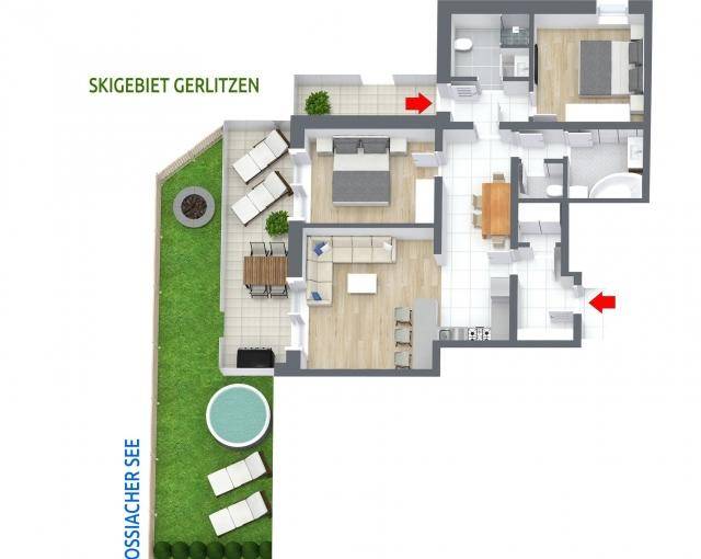 Grundriss einer Wohnung mit offenem Wohnbereich, zwei Schlafzimmern und großer Terrasse mit Whirlpool.