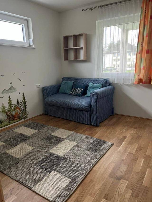 Helles Zimmer mit Schlafsofa, Holzboden und Fenster mit Blick auf die Umgebung.