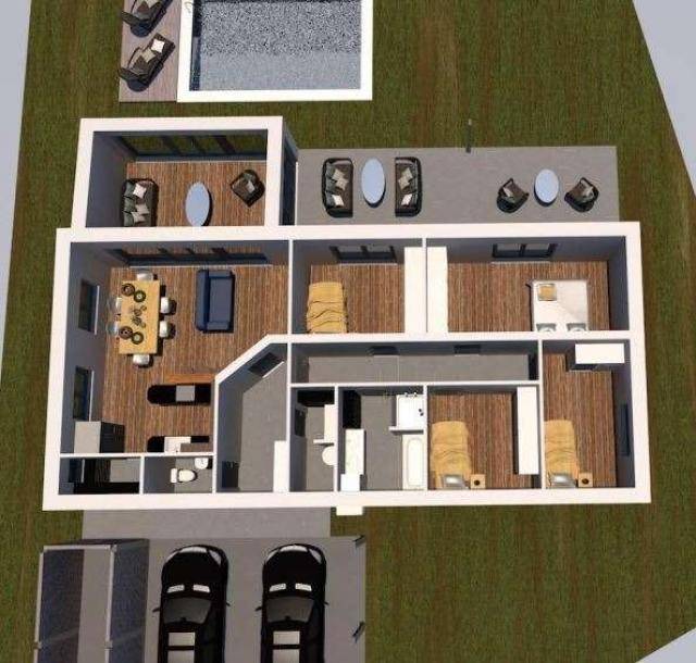 Grundrissdarstellung eines Hauses mit offenem Wohnbereich, mehreren Zimmern, Garage und Pool.