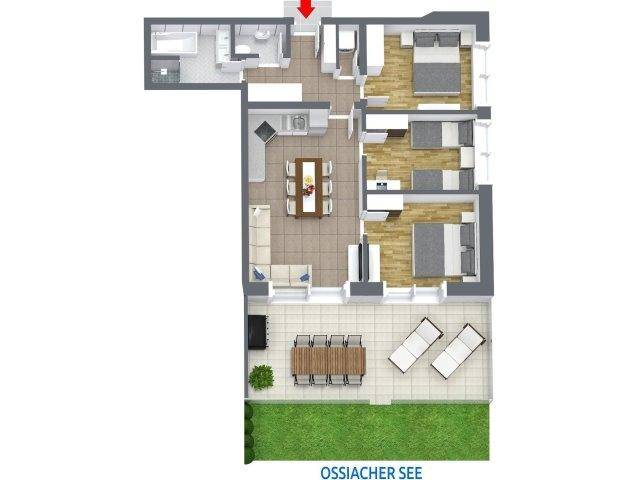 Detaillierter Grundriss mit drei Schlafzimmern, offenem Wohnbereich und großer Terrasse.