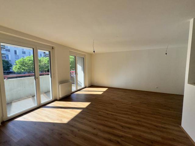 Leeres Schlafzimmer mit Laminatboden und einem Fenster, das einen Blick ins Grüne bietet.