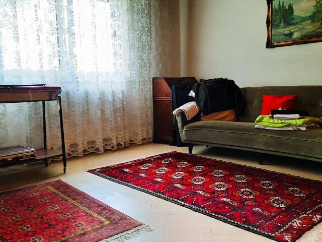 Helles Wohnzimmer mit bequemer Couch, orientalischen Teppichen und großen Fenstern.