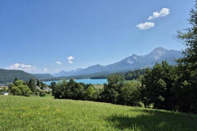 Weitläufige grüne Landschaft mit einem See und Bergen im Hintergrund unter klarem Himmel.