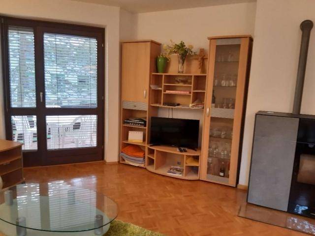 Gemütliches Wohnzimmer mit Parkettboden, Medieneinheit und modernem Kaminofen für kalte Tage.