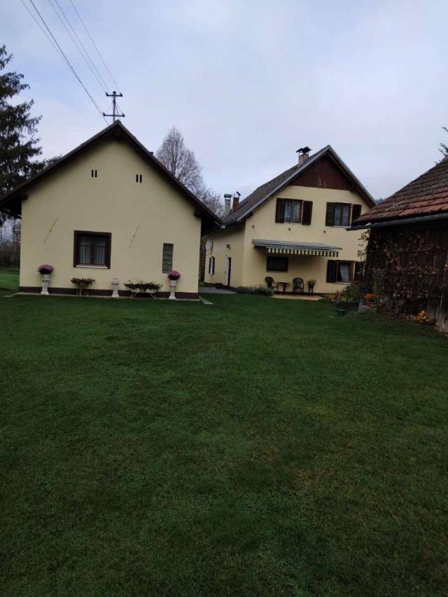 Zwei traditionelle Häuser mit gelber Fassade und einem gepflegten Rasen im Vordergrund.