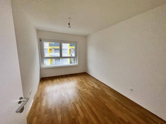 Leeres Zimmer mit Holzboden und Fenster, das viel Tageslicht hereinlässt.