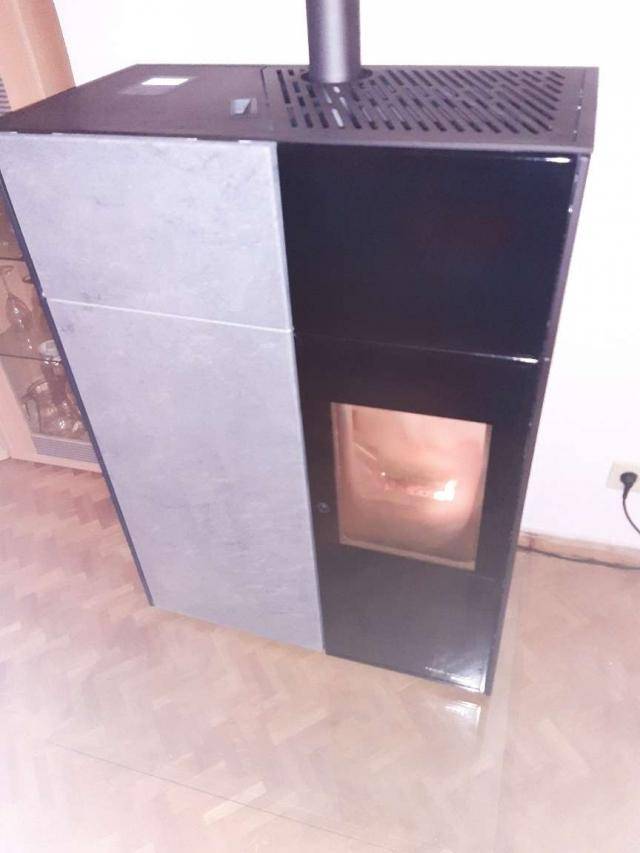 Moderner Kaminofen mit dunkler Verkleidung und sichtbarem Feuer, der Wärme und Atmosphäre spendet.