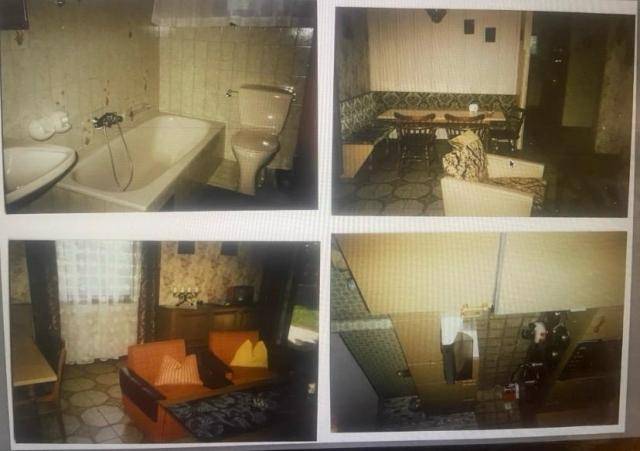 Verschiedene Innenräume mit Badezimmer, Essbereich, Wohnzimmer und Küche in einem sehr ursprünglichen Zustand.