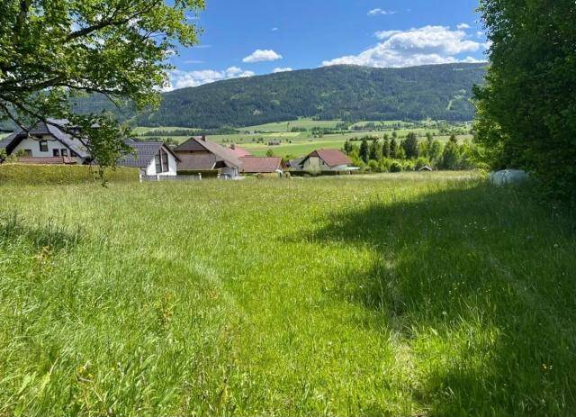 Malerische Landschaft mit grünen Wiesen, vereinzelten Häusern und sanften Hügeln unter einem klaren Himmel.