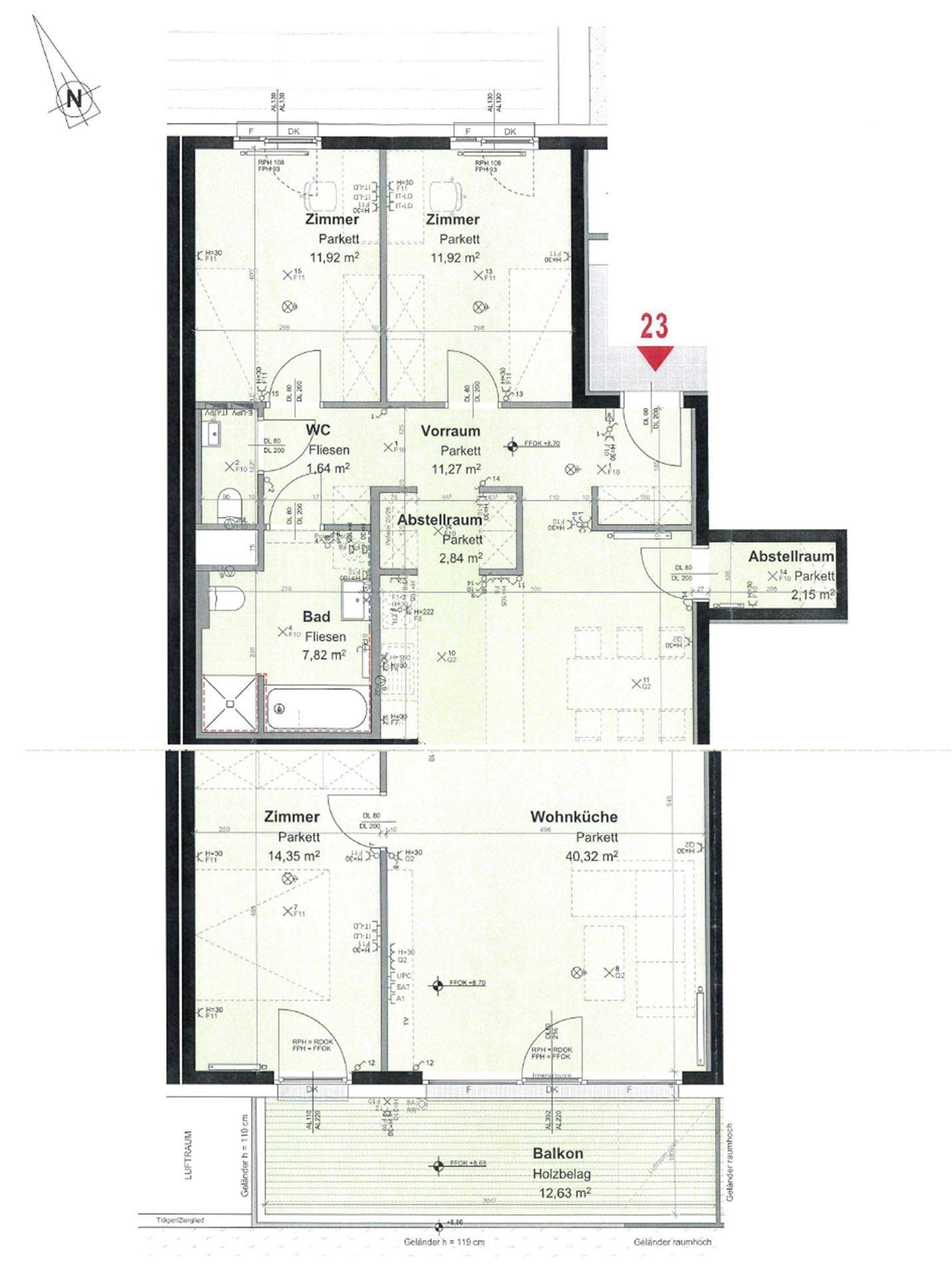 Grundriss einer Wohnung mit drei Zimmern, offener Wohnküche, Bad, WC und einem Balkon.
