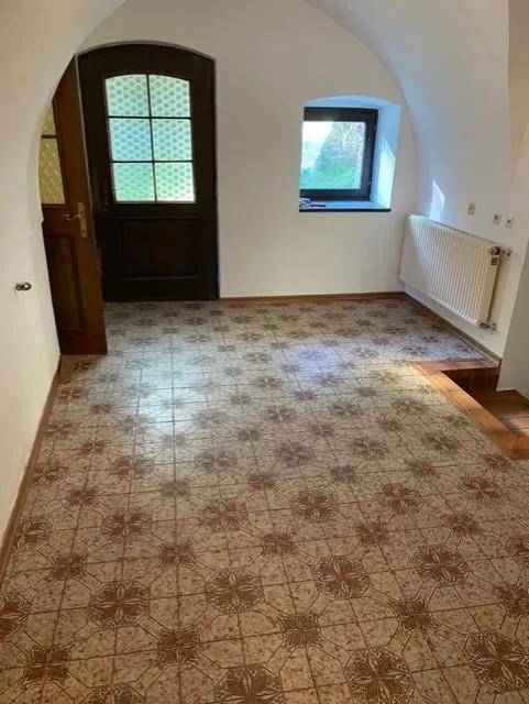 Eingangsbereich mit gemustertem Fliesenboden, Rundbogentür, Fenster und Heizkörper.