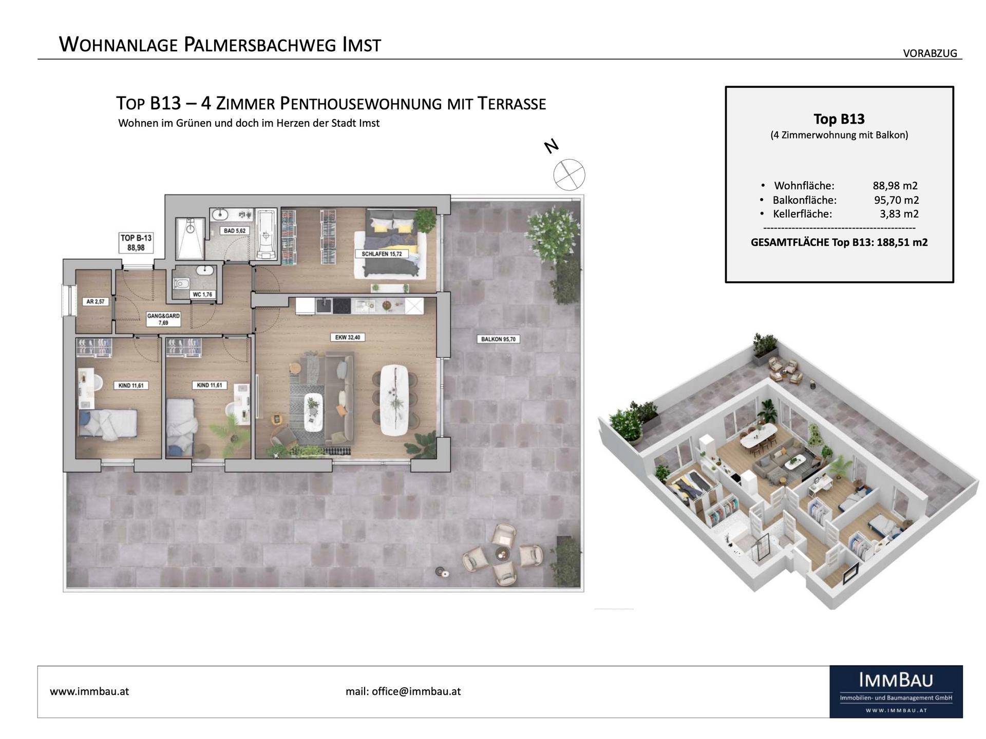 Grundriss der Penthousewohnung Top B13 mit vier Zimmern und großer umlaufender Terrasse.
