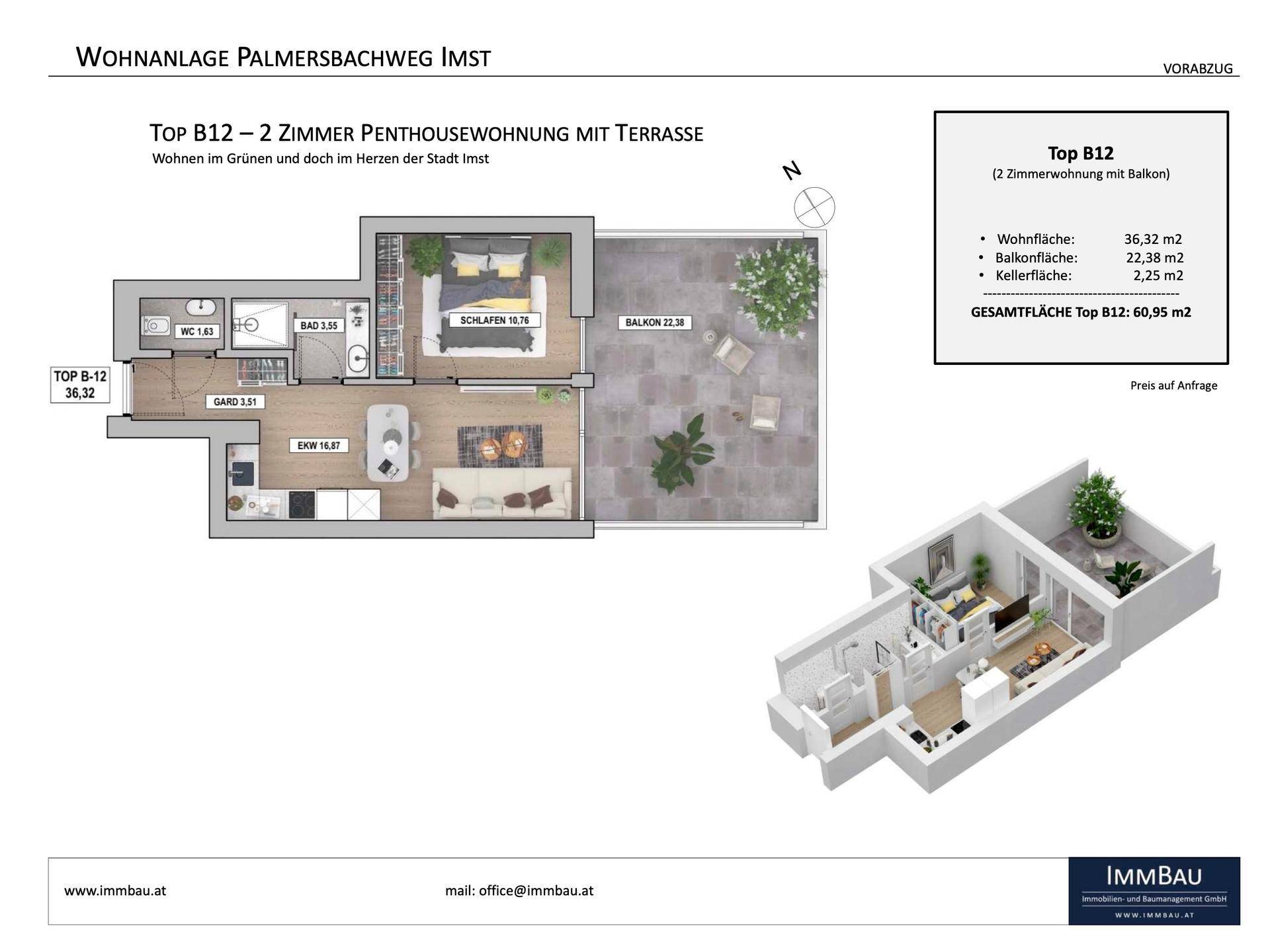 Grundriss einer Penthousewohnung mit einem Schlafzimmer, offenem Wohnbereich und großer Terrasse.
