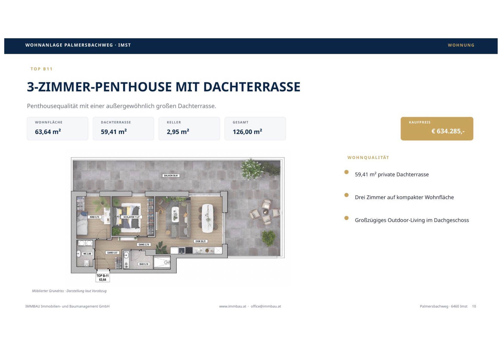 Grundriss eines 3-Zimmer-Penthouses mit großer Dachterrasse und offenem Wohnbereich.