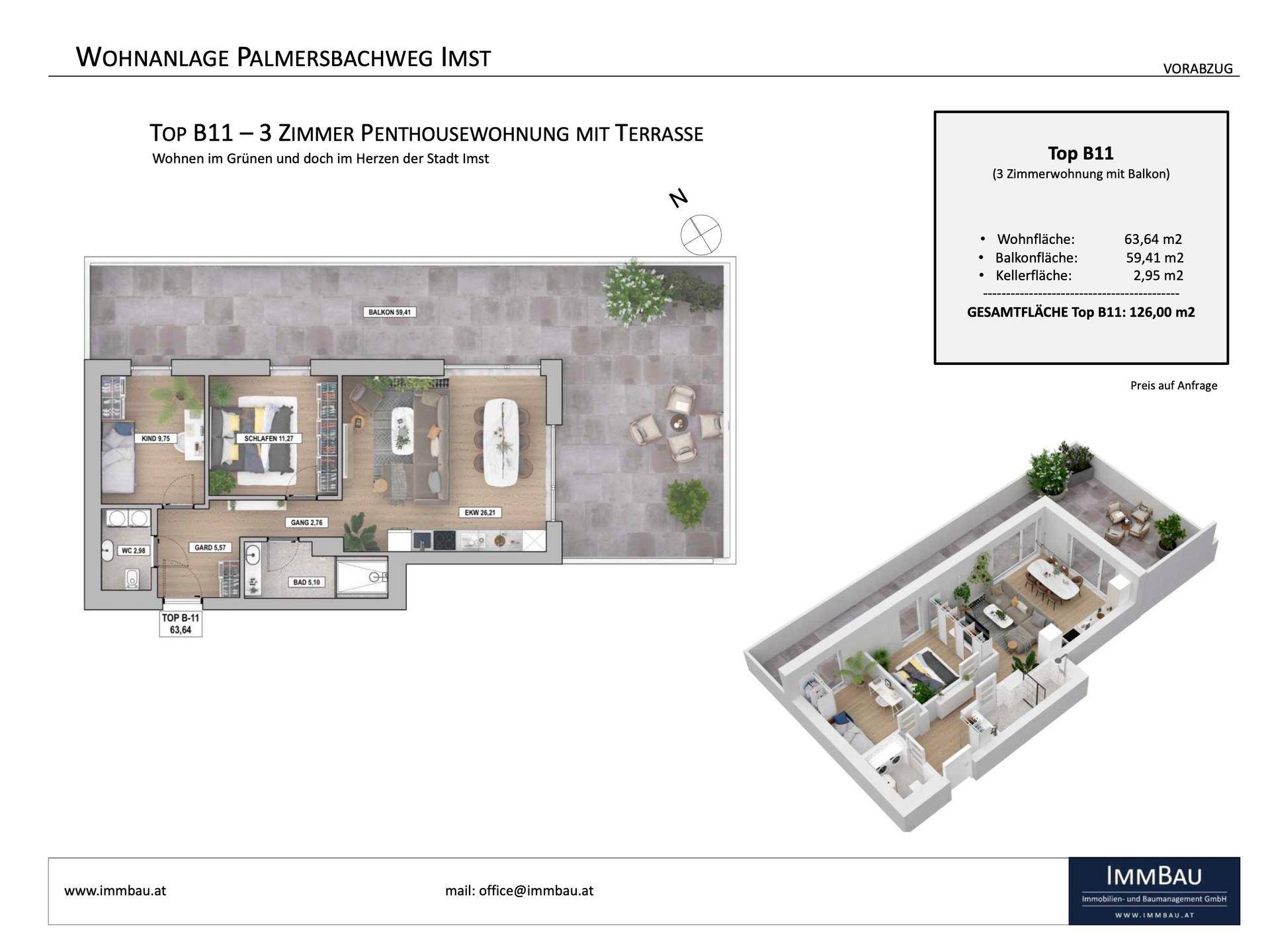 Grundriss und 3D-Ansicht einer 3-Zimmer-Penthousewohnung mit großer Terrasse.