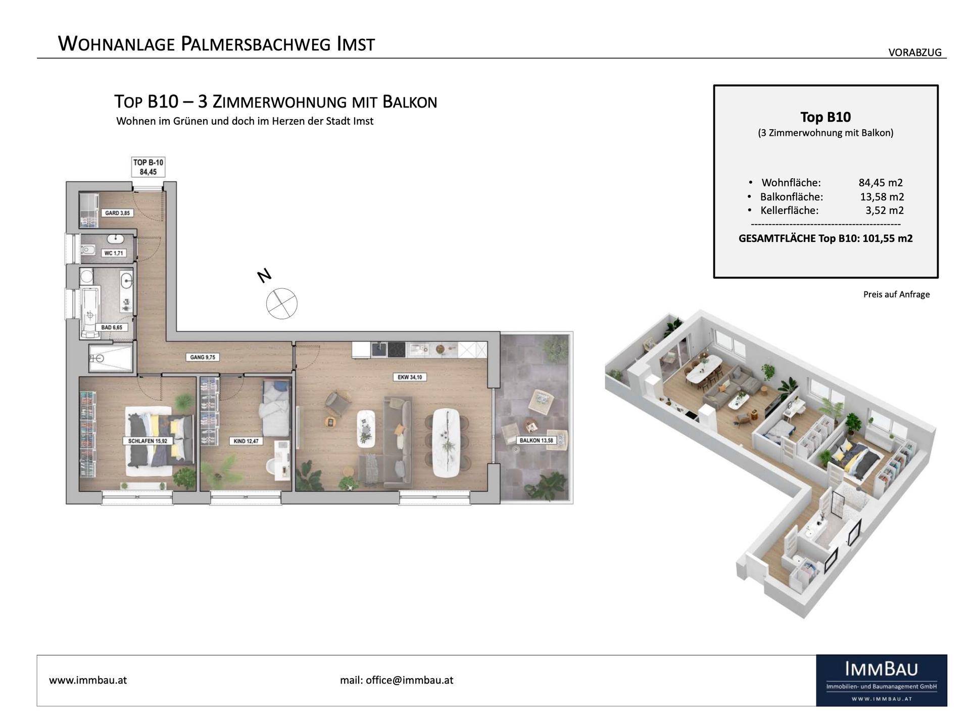 Grundriss und 3D-Visualisierung einer 3-Zimmer-Wohnung mit Balkon und offenem Wohnbereich.